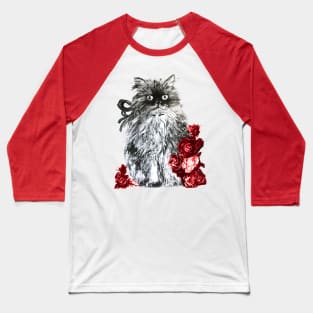 CAT KITTEN WITH RED ROSES ,Black and White Baseball T-Shirt